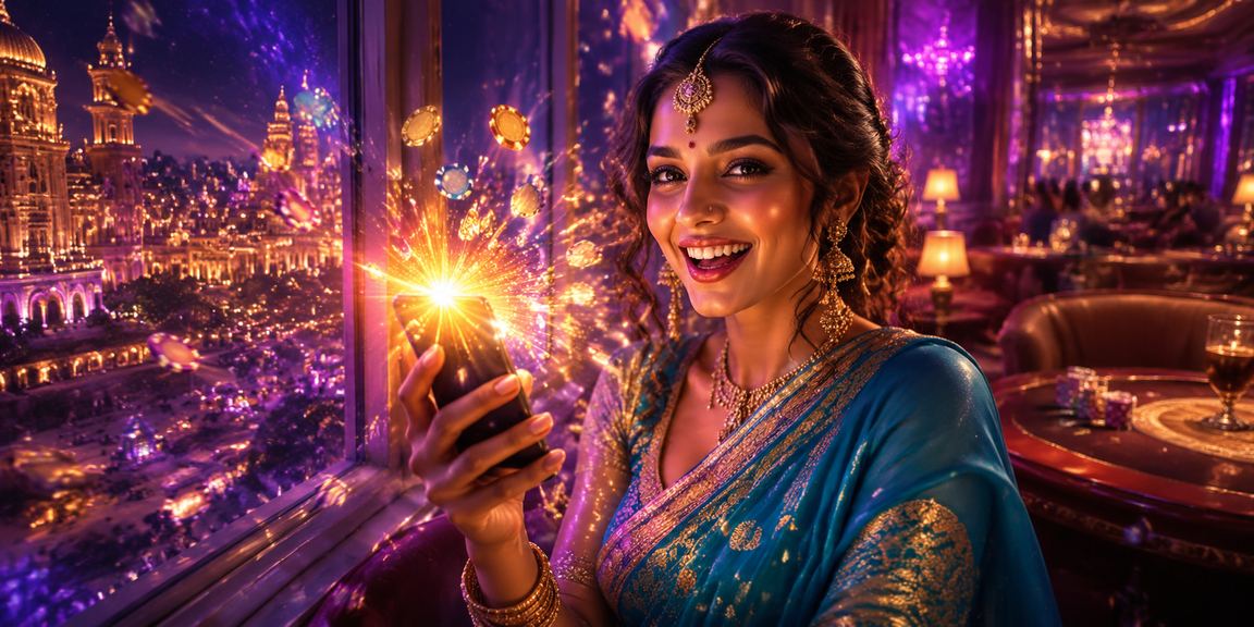Joyful woman playing slot games in traditional saree